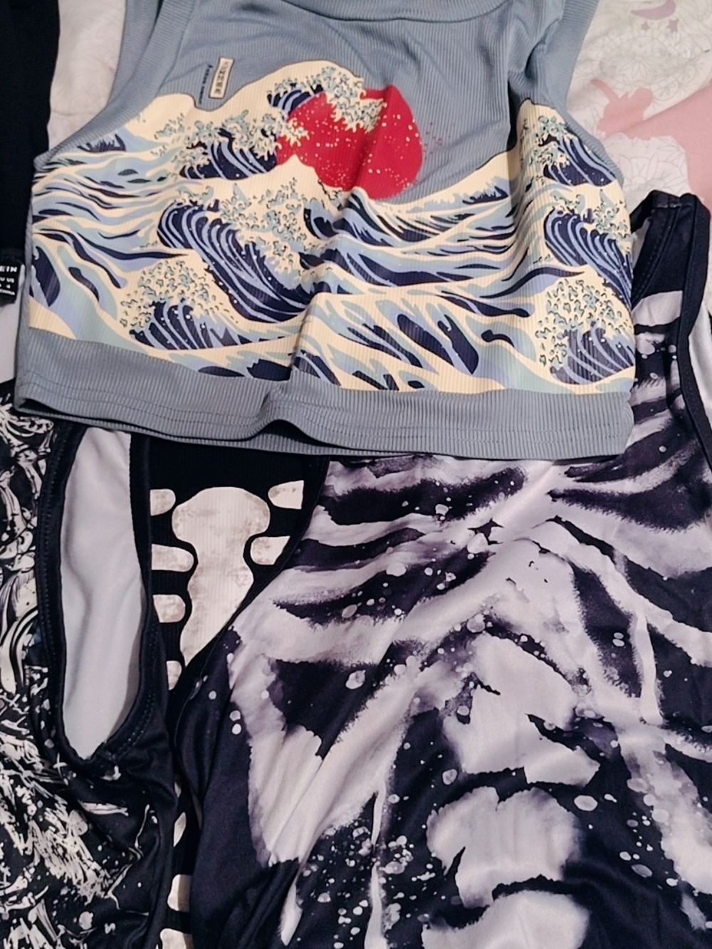 Light Blue Ribbed Crop Top with Wave & Red Sun Print